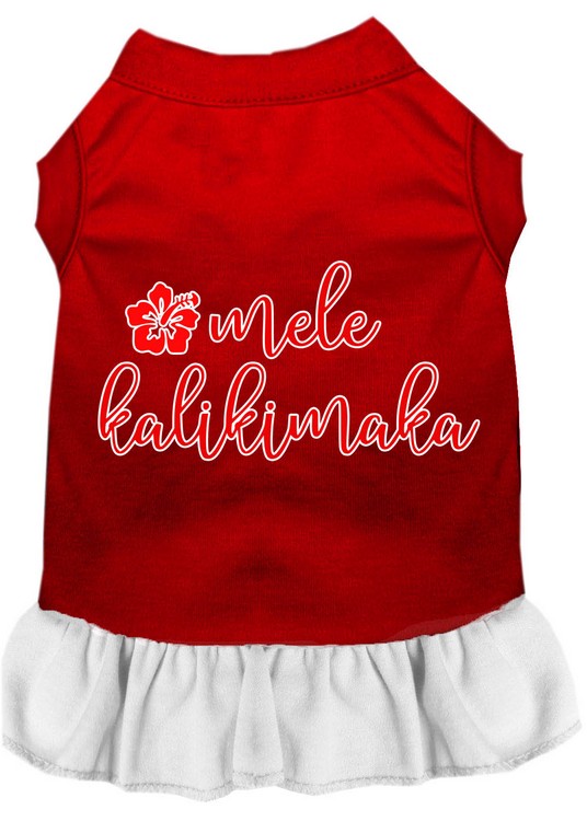 Mele Kalikimaka Screen Print Dog Dress Red with White Lg